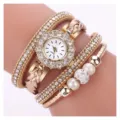 Koreanische Mode mehrlagig gewickelte Strass Quarzuhr mit Perlen und Lederarmband - Beige