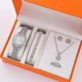 Lussuoso set regalo donna orologio quarzo strass bracciale collana orecchini anello - Set di gioielli e orologio da 5 pezzi (7) / Senza Scatola / Argento