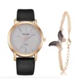 Set orologio al quarzo donna cinturino pelle nera quadrante glitter e bracciale farfalla - Con Stile Bracciale a Cuore (Y015) / Nero