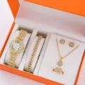 Set regalo donna orologio quarzo strass bracciale collana orecchini anello gioielli moda - Modello 4 / Ensemble Oro (Senza Scatola)