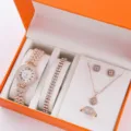 Set di gioielli di lusso da donna con orologio in strass collana orecchini anello in confezione - Modello 5 / Ensemble Oro Rosa (Senza Scatola)