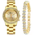 Orologio al quarzo da donna color oro e set di bracciali in cristallo luminoso. - Prezzo Diretto di Fabbrica / Set Gioielli Orologio A2 (Senza Scatola) / Oro