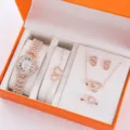 Donna oro rosa strass orologio al quarzo bracciale collana orecchini anello set regalo box - Stile 9 / Ensemble Oro Rosa (Senza Scatola)
