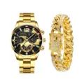 Set orologio al quarzo uomo dorato e bracciale maglia cubana acciaio inossidabile elegante - Stile 2 Con Bracciale