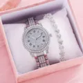 Set orologio quarzo strass argento e bracciale cuore donna, elegante confezione regalo. - Set Orologio al Quarzo con Strass Argento (24) / Set (Con confezione regalo rosa) / Argento