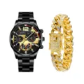 Set orologio da polso uomo nero oro acciaio inossidabile con bracciale cubano luminoso elegante - Stile 3 Con Bracciale / Nero Oro