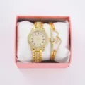 Women gold rhinestone watch bracelet set luxury quartz wrist watch with pink gift box. - Watch And Bracelets / Gold