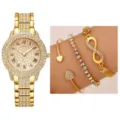 Lusso donne oro strass quarzo orologio e bracciale set elegante moda gioielli regalo - Set Orologio al Quarzo con Strass Oro (21) / Set (Senza confezione regalo) / Oro