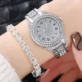 Orologio quarzo strass argento donna e bracciale abbinato set elegante moda casual polso - Set Orologio al Quarzo con Strass Argento (28) / Set (Senza Confezione Regalo) / Argento