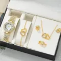 Elegante set di gioielli con orologio al quarzo in oro da donna con collana cuore in strass. - Set Orologio al Quarzo con Strass Oro (27) / Set (Con confezione regalo bianca e nera) / Oro