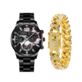 Orologio da uomo al quarzo elegante e bracciale maglia cubana lusso in set nero e oro. - Stile 1 Con Bracciale / Nero Oro