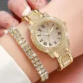 Orologio al quarzo da donna in strass dorati con set bracciale diamante a doppia riga - Stile Doppia Fila Strass Oro (Y001) / Collezione Orologio e Gioielli / 6.8