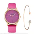 Orologio al quarzo da donna elegante con cinturino in pelle rosa e bracciale cuore set - Con Stile Bracciale a Cuore (Y015) / Rosso rosa