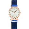 Orologio al quarzo da donna elegante con cinturino in maglia blu, cassa oro rosa e quadrante. - Solo orologio / Blu