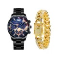 Orologio al quarzo da uomo Geneva di lusso e set bracciale maglia cubana in acciaio. - Stile 4 Con Bracciale / Nero e blu