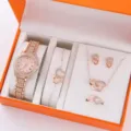 Orologio quarzo strass oro rosa e set collana bracciale anello cuore intrecciato. - Stile Gioielli Doppio Cuore Oro Rosa (Y001) / Orologio + Set di Gioielli 5 Pezzi / 8.5