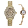 Orologio al quarzo con strass dorati e set di bracciali coordinati da donna, elegante accessorio. - Stile Dorato Lussuoso con Strass Completo (Y001) / Collezione Orologio e Gioielli / 7.5