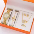 Set di gioielli con orologio in oro e strass, collana, orecchini, anello e braccialetto. - Set orologio e gioielli a doppio cuore dorato (43) / Set da 5 Pezzi (Senza Scatola) / Oro