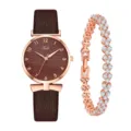Orologio da polso donna al quarzo con cinturino in pelle marrone e set bracciale strass. - Marrone + Braccialetto