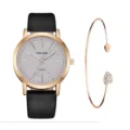 Set orologio da donna al quarzo e bracciale in cristallo con cinturino in pelle nera e quadrante. - Con Stile Bracciale a Cuore (Y015) / Nero
