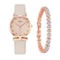 Elegante orologio da donna al quarzo in oro rosa con set bracciale di cristallo. - Beige + Bracciale