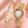 Orologio da polso donna oro con strass brillanti e bracciale coordinato elegante chic - Orologio E Bracciale / Oro