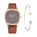 Elegante set di orologio e bracciale da donna con cinturino in pelle marrone e quadrante. - Con Stile Bracciale a Cuore (Y015) / Marrone