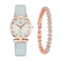 Set di orologi al quarzo di lusso da donna e bracciale scintillante con cinturino in pelle grigia. - Orologio Azzurro + Bracciale
