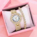Set orologio al quarzo e bracciale da donna in strass oro con numeri romani in scatola rosa - Orologio E Bracciale (Con Scatola Regalo) / Oro