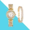 Elégant ensemble montre quartz strass dorée pour femme avec bracelet assorti détail - Montre Avec Ensemble de Bracelet / Or