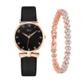 Set orologio da donna al quarzo e bracciale con strass con cinturino in pelle nera e cassa oro rosa. - Nero + Bracciale