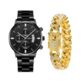 Orologio al quarzo nero da uomo e bracciale maglia cubana dorata set acciaio inossidabile - Stile 10 Con Bracciale