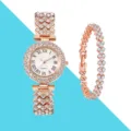 Élégant ensemble montre quartz strass et bracelet femme, détail design or rose luxe. - Montre Avec Ensemble de Bracelet / Or rose