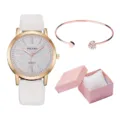 Set orologio donna al quarzo moda con cinturino in pelle bianca, lunetta oro rosa e bracciale. - Con Bracciale E Stile Confezione Regalo (Y015) / Bianco
