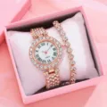 Set orologio al quarzo da donna con lunetta in strass, quadrante bianco e numeri romani, oro. - Orologio E Bracciale (Con Scatola Regalo) / Oro rosa