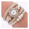 Modische Wickelarmbanduhr mit funkelnden Strasssteinen und Perlen, elegante Quarzuhr. - Weiß