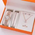 Donna orologio quarzo oro rosa e set gioielli cristallo con collana anello orecchini bracciale. - Stile 13 / Ensemble Oro Rosa (Senza Scatola)