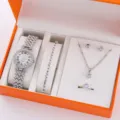 Orologio donna al quarzo set gioielli lusso bracciale strass collana orecchini anello. - Stile 15 / Ensemble Argento (Senza Scatola)