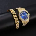 Montre sertie de strass dorée hip-hop et ensemble de bracelet gourmette avec cadran bleu. - Montre Cadran Bleu et Bracelet Or