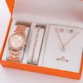 Set 5 pezzi orologio donna oro rosa con bracciale collana orecchini anello, elegante orologio al quarzo. - Prezzo Diretto di Fabbrica / Set 5 Pezzi Gioielli Orologio 4 (Con Scatola Regalo) / Oro rosa