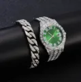 Ensemble montre hip-hop glacée et bracelet gourmette cubaine avec cadran vert. - 15 + bracelet