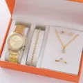 Elegante set di gioielli da 5 pezzi con orologio braccialetto collana anello orecchini. - Prezzo Diretto di Fabbrica / Set 5 Pezzi Gioielli Orologio 4 (Con Scatola Regalo) / Oro