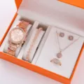 Set di orologi al quarzo da donna in oro rosa di lusso 5 pezzi con collana bracciale - Prezzo Diretto di Fabbrica / Set 5 Pezzi Gioielli Orologio 2 (Senza Scatola) / Oro rosa