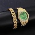 Montre Homme Glacée Bracelet Chaîne Cubaine Dorée Cadran Vert Strass Hip Hop Quartz Set - 14 + bracelet