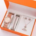 Set da 5 pezzi in oro rosa con orologio al quarzo, bracciale, collana, orecchini e anello coordinati. - Prezzo Diretto di Fabbrica / Set 5 Pezzi Gioielli Orologio 3 (Senza Scatola) / Oro rosa