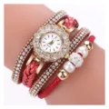 Koreanische Mode Mehrfachwickel Strass Armband Quarz Uhr mit eleganten Perlen Details - Rot