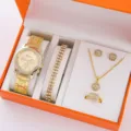 set 5pezzi orologio bracciale collana orecchini anello donna oro quarzo scatola regalo - Prezzo Diretto di Fabbrica / Set 5 Pezzi Gioielli Orologio 3 (Senza Scatola) / Oro