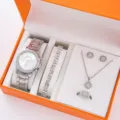 Set orologio donna quarzo 5pz cinturino acciaio elegante orologio moda con confezione regalo - Prezzo Diretto di Fabbrica / Set 5 Pezzi Gioielli Orologio 3 (Senza Scatola) / Argento
