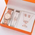 Lusso oro rosa donna orologio bracciale collana orecchini anello set 5 pezzi quarzo regalo - Prezzo Diretto di Fabbrica / Set 5 Pezzi Gioielli Orologio 4 (Senza Scatola) / Oro rosa