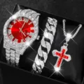Set de bijoux hip hop montre strass chaîne cubaine collier croix rouge pour homme femme - Ensemble Montre Collier Cadran Rouge Or